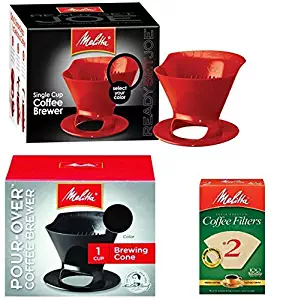 Melitta Ready Set Joe Single Cup Pour Over Coffee Brewer Maker – 1 Black & 1 Red + #2 Natural Brown Cone Coffee Filters 100-Count