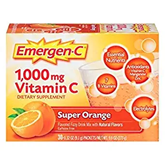Emergen-C (30 Count, Super Orange Flavor, 1 Month Supply) Dietary Supplement Fizzy Drink Mix with 1000mg Vitamin C, 0.32 Ounce Packets, Caffeine Free