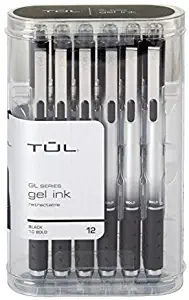 TUL Retractable Gel Pens, Bold Point, 1.0 mm, Silver Barrel, Black Ink, Pack of 12 Pens