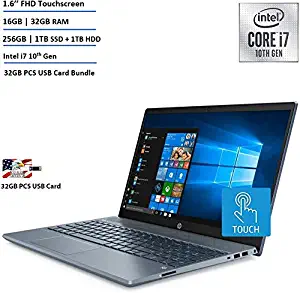 2020 HP Pavilion 15 FHD 1080P Touchscreen Laptop, Intel Core i7-1065G7 up to 3.9 GHz, NVIDIA GeForce MX250 4GB, 16GB RAM, 256GB SSD + 1TB HDD, Backlit KB, Win10 + 32GB PCS USB Card Bundle