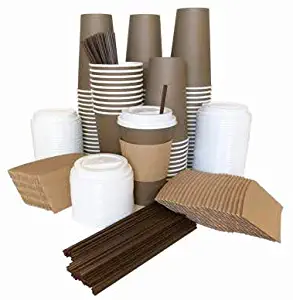 Disposable Coffee Cups with No Leak Lids, Sleeves, and Straws- 16 Ounce To Go Coffee Cups- 110 Pack Mocha Brown. Ideal Togo Coffee Cups for Home Coffee, Office Break Room and Business Meetings.