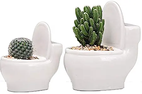 Cute White Toilet Sharp Ceramic Planter / Plant Pots with Drainage Hole (Small) for Succulent, Cactus & Houseplants, Desktop Pen Holder and Decor; Unique Home and Bathroom Decor