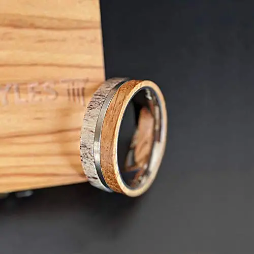 Rustic Whiskey Barrel Ring Deer Antler Wedding Rings for Men Unique Gunmetal Bourbon Barrel Titanium Ring with Wooden Inlay Nature Wedding Band for Outdoorsman