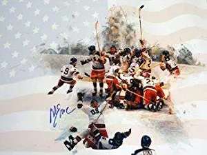 Mike Eruzione signed 1980 Team USA Olympic Hockey 16x20 Photo Team w/Flag Miracle on Ice vs Soviet Union - Autographed Olympic Photos