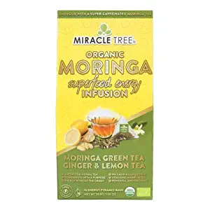 Miracle Tree's Energizing Moringa Infusion - Green Tea, Ginger & Lemon | Super Caffeinated Blend | Healthy Coffee Alternative, Perfect for Focus | Organic Certified & Non-GMO | 5 X 16 Pyramid Sachets