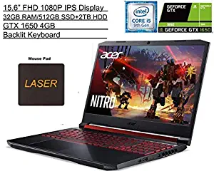 2020 Newest Acer Nitro 5 15.6 FHD Gaming Laptop, 9th Gen Intel Quad Core i5-9300H,NVIDIA GeForce GTX 1650, 32GB RAM, 512GB SSD+2TB HDD, WiFi 6, MaxxAudio, Backlit Keyboard, Windows 10 +Laser Mousepad