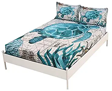 SDIII Sea Turtle Fitted Sheet Queen Size Aqua Turquoise Ocean Beach Themed Hawaiian Nature Style (Queen, Sea Turtle)