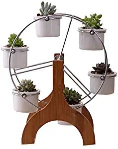 Cute 12 inch Ferris Wheel Shaped Flower Pot Stands Holder,with 6 Round Ceramic Succulent Plant Pots,for Home Garden Office Desktop Decoration