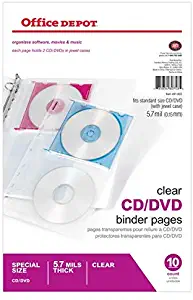 Office Depot CD/DVD Binder Pages, 6in. x 10 1/2in, Clear, Pack of 10, 491802
