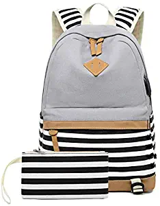 Girls Canvas School Backpack with USB Charging Port Casual Stripe Backpack for Boys (Grey)