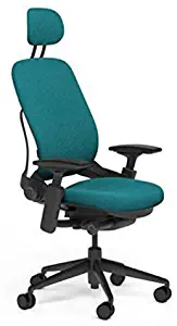 Steelcase Leap Desk Chair with Headrest in Buzz2 Cyan Fabric - Highly Adjustable Arms - Black Frame and Base - Standard Carpet Casters