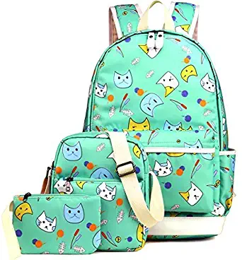 Kemy's School Backpack for Girls Set 3 in 1 Cute Kitty Printed Bookbag 14inch Laptop School Bag for Girls Water Resistant bag cute sunglasses for women bag canvas bag