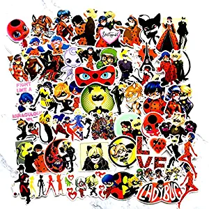 Miraculous Ladybug Stickers for Laptop 50pcs,PVC Waterproof Sunlight-Proof Durable Anime Stickers for Mobile Phone,Water Bottles,Luggage,Bike,Car,Guitar