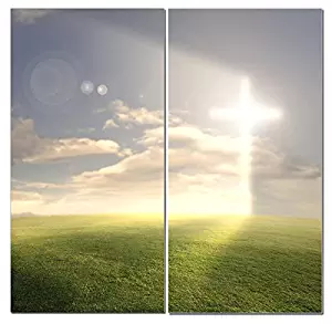 Christian Canvas Wall Art Decor -12x24 2 Piece Set (Total 24x24 inch)- Religious Cross / Light of God - Decorative & Modern Multi Panel Split Print for Dining & Living Room, Kitchen, Bedroom & Office