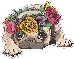 JS Artworks Pug in a Bright Floral Head Wreath Vinyl Bumper Sticker Decal Family Pet Love Dog