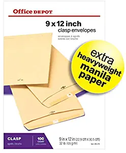 Office Depot Clasp Envelopes, 9in. x 12in, Manila, Box of 100, 77490