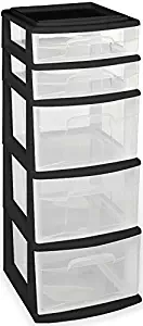 HOMZ Plastic 5 Drawer Medium Storage Tower, Black Frame, Clear Drawers, Set of 2