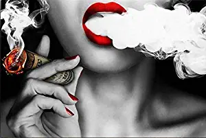 Faicai Art Wall Art Prints Canvas Paintings Wall Posters Red Lips Woman With Money Cigar Picture Printings on Canvas Idea Creative Home Decoration Office Wall Decor Stretched and Framed 28