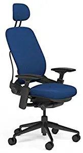 Steelcase Leap Desk Chair with Headrest in Buzz2 Blue Fabric - Highly Adjustable Arms - Black Frame and Base - Standard Carpet Casters