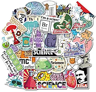 50 Packs Funny Science Laboratory Physical Chemistry Biology Experiment Stickers for Laptop Hardhat Helmet Phone Computer Guitar Skateboard Code Brain Scientists Vinyl Decals for Kids Teens Boys