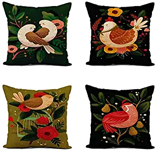 Awowee Linen Throw Pillow Cover Colorful Floral Chicken Bird Partridge in a Pear Tree Christmas Home Decor Pillowcase 18x18 Inch Cushion Cover for Sofa Couch Bed and Car