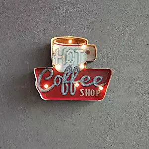 Vintage Handmade Metal Marquee Embossed Tin Decor, Industrial Style Light Up Sign, for Home, Bar or Cafe Wall Decor, On/Off Switch (Hot Coffee)